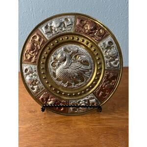 Vintage Mixed Metal Wall Plate Griffin Bird Brass Copper Silver Repousse 10”